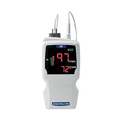 White pulse oximeter with a black screen and digital display.