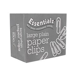 A grey and white box of essentials large plain paper clips. 