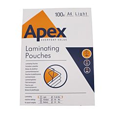 Outer box of Apex Everyday Value laminating pouches. 