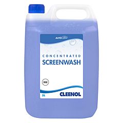 White bottle with a blue lid, a blue liquid and product label. Product label text 'AUTOCLEEN Concentrated Screenwash, M4, 5L, Cleenol'.