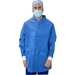 Blue medical scrub warming jacket being worn. 