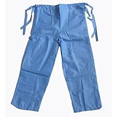 Blue patient scrubs with waist ties and velcro fastenings. 