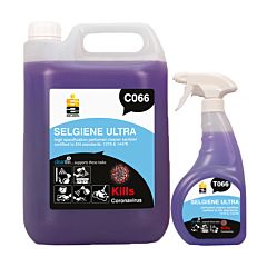 Two 5 litre clear bottles with purple liquid, product label in white, blue and black. Label reads 'C066 SELGIENE ULTRA high specification perfumed cleaner sanitiser certified to EN standards: 1276 & 14476'.