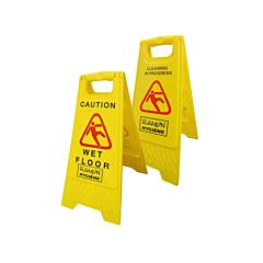 Yellow wet floor sign with a red warning label. The text reads 'Caution wet floor'.