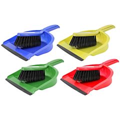 4 colour coded dustpan and brushs with black bristles. 