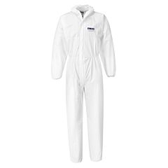 A white coverall with a blue badge. 