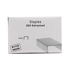 The white outer packaging of the nice price staples 26/6 galvanised.