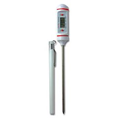 White plastic thermometer with white plastic sheath and stainless steel probe. 
