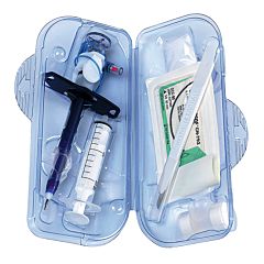 Blue cricothyroidotomy kit, image including device, syringe, scalpel.