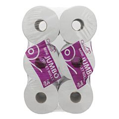 Glensoft mini jumbo toilet rolls wrapped in clear plastic with purple logo and text.