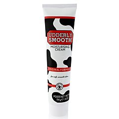 Front of the 114g tube of Udderly Smooth Original with product labelling consisting of red stripes on the top and bottom with black and white cow spots